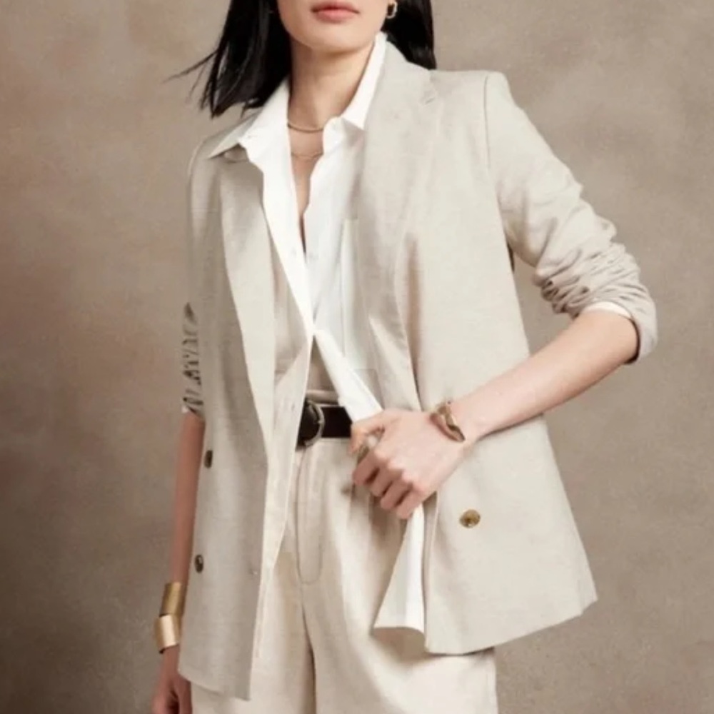 NWT Banana Republic Factory Double-Breasted Linen Blazer in Oatmeal Size 2P